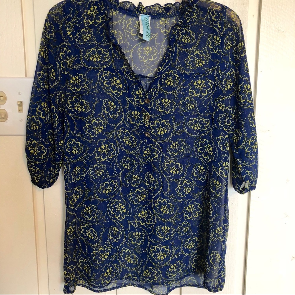 Blue Chiffon Blouse with Yellow Floral Pattern